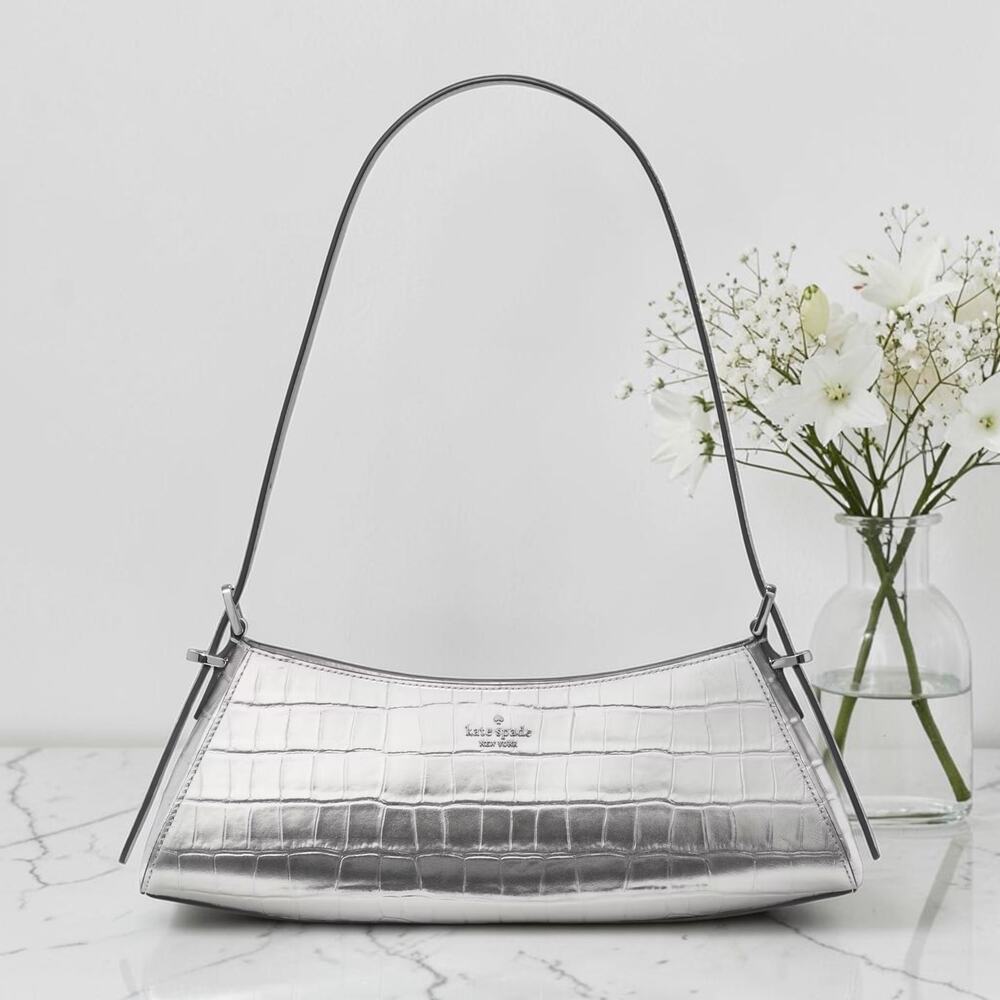 NWT Kate Spade Frankie Metallic Croc Embossed Small East West Shoulder Bag KM680